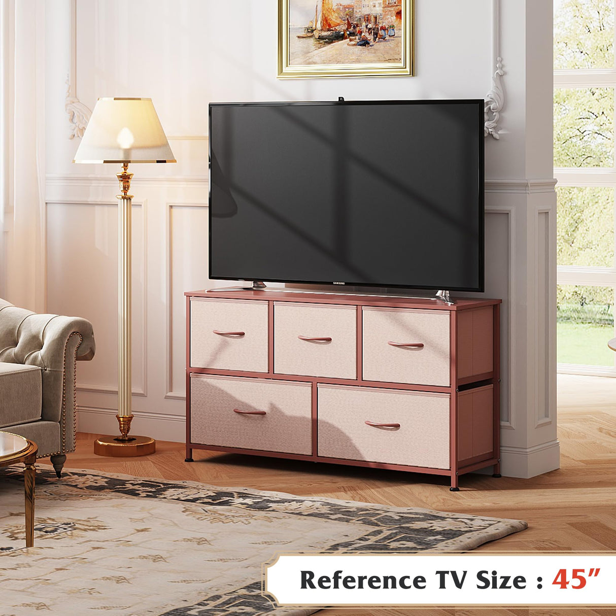 WLIVE Dresser for Bedroom with 5 Drawers, Wide Chest of Drawers, Fabric Dresser, Storage Organization Unit with Fabric Bins for Closet, Living Room, Hallway, Pink and Rose Gold