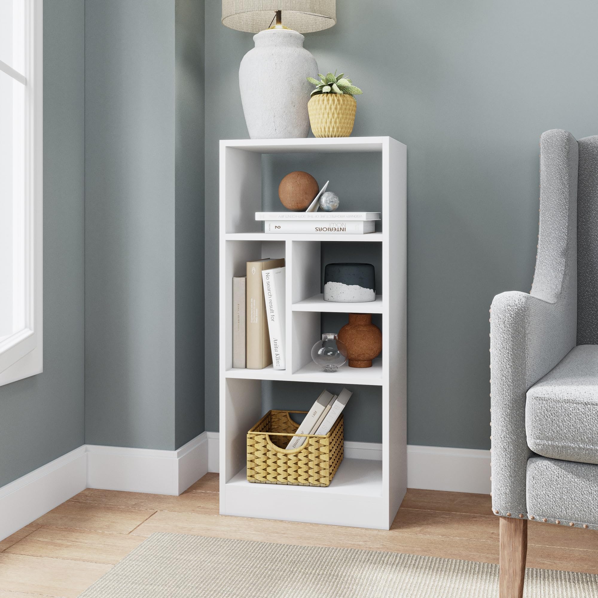 Comfort Valenca 2.0 Bookcase with 5 Unique Shelves, 35-Inch Tall, Space-Saving Mid Century Modern Bookshelf with Open Design, Free Standing Storage Display, Easy Assembly, White