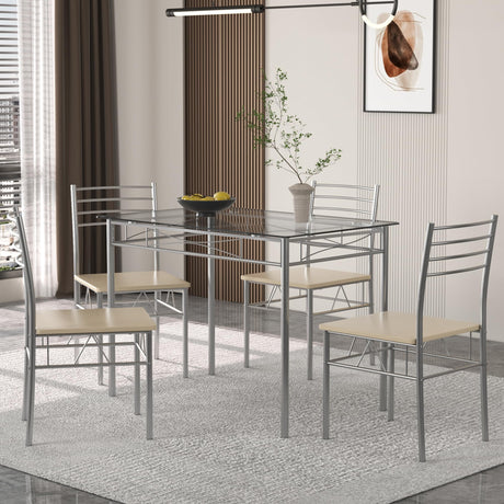 5 Piece Dining Table Set for 4 with Chairs, Glass Tabletop, Small Space, Silver