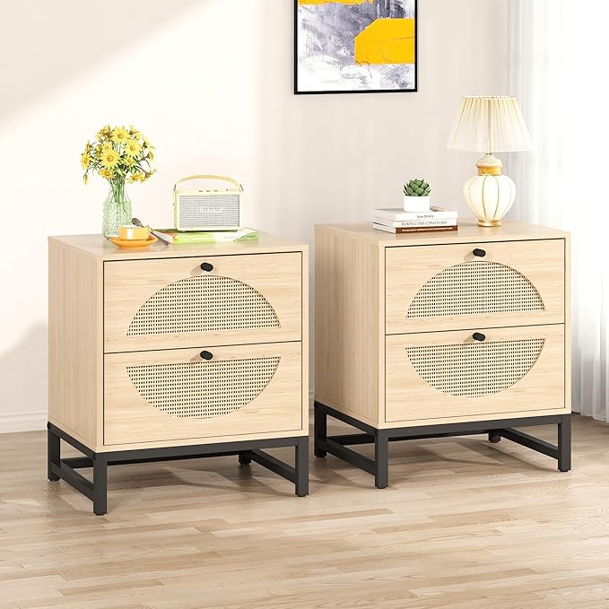 Gold and White Nightstand Set of 2, Modern Night stand with Charging Station & Drawers
