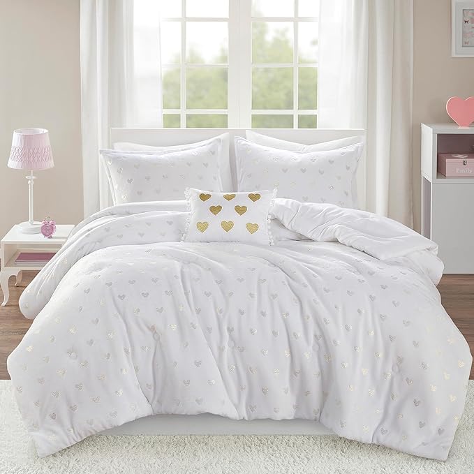 Comforter Set for, Ultra-Soft Microlight Plush Metallic Printed Hearts Brushed Reverse Overfilled Down