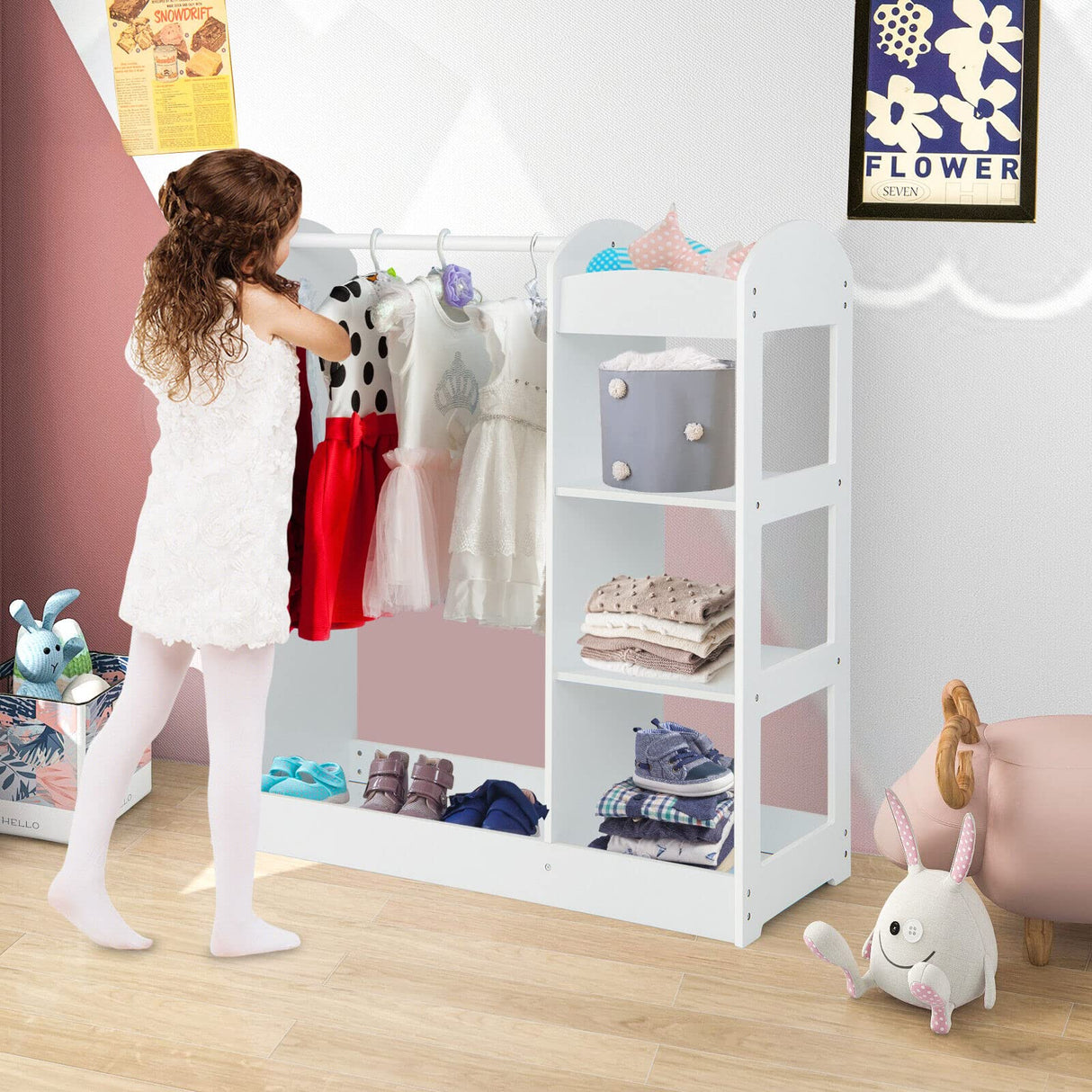 Kids Dress up Storage with Mirror, Clothes Rack, 3-Tier Shelves, Bottom Tray