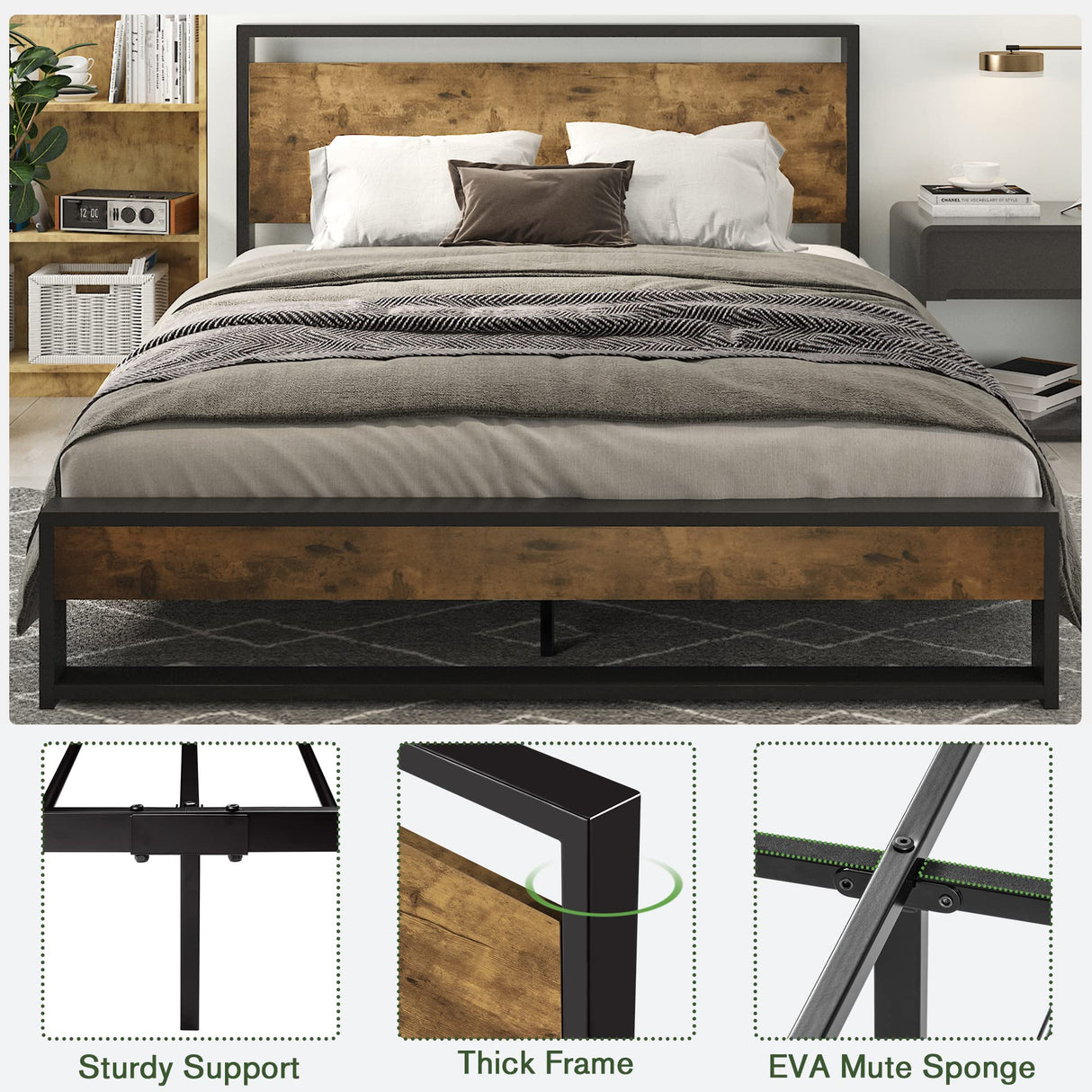 Full Bed Frame with Wood Headboard,Rustic Platform Bed with Heavy Duty Metal
