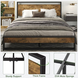 Full Bed Frame with Wood Headboard,Rustic Platform Bed with Heavy Duty Metal