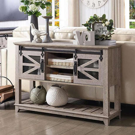 Entryway Table w/Sliding Barn Doors, 46'' Farmhouse & Industrial Rustic Console Sofa Table