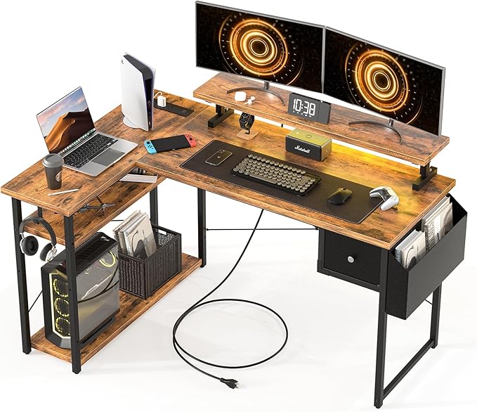 Gaming Desk, 47 inch L Shaped Gaming Desk, Computer Desk with LED Lights & Adjustable Stand, Power Outlets