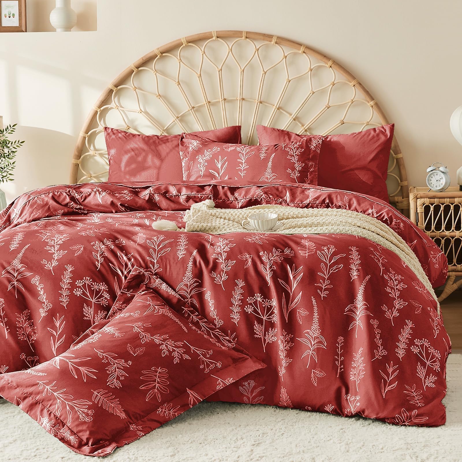 Terracotta Bed in a Bag Queen 7 Pieces, Queen Comforter Set Reversible Botanical Flowers Design,