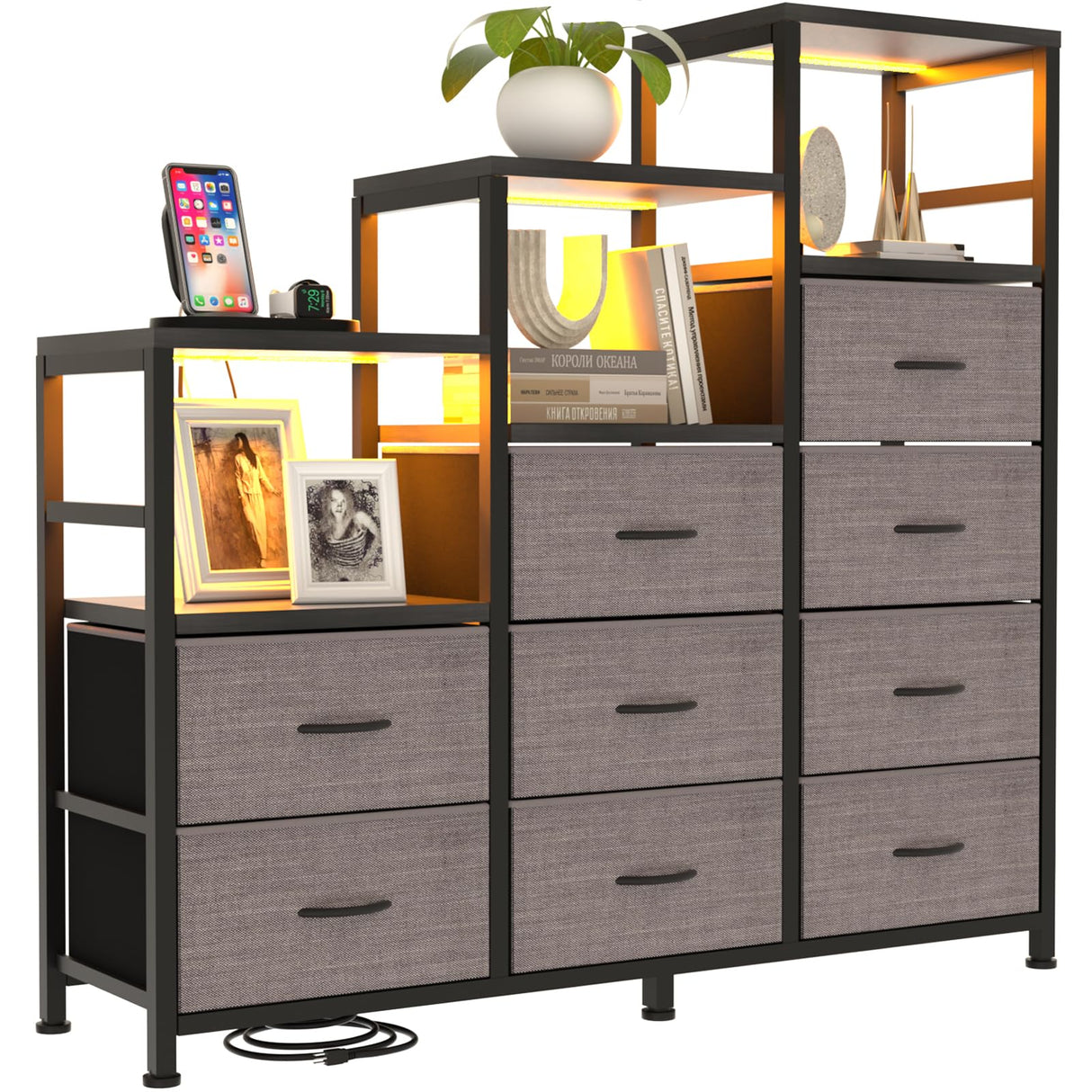 Black Dresser for Bedroom with LED Lights, 9 Drawers Dresser, Long Dresser