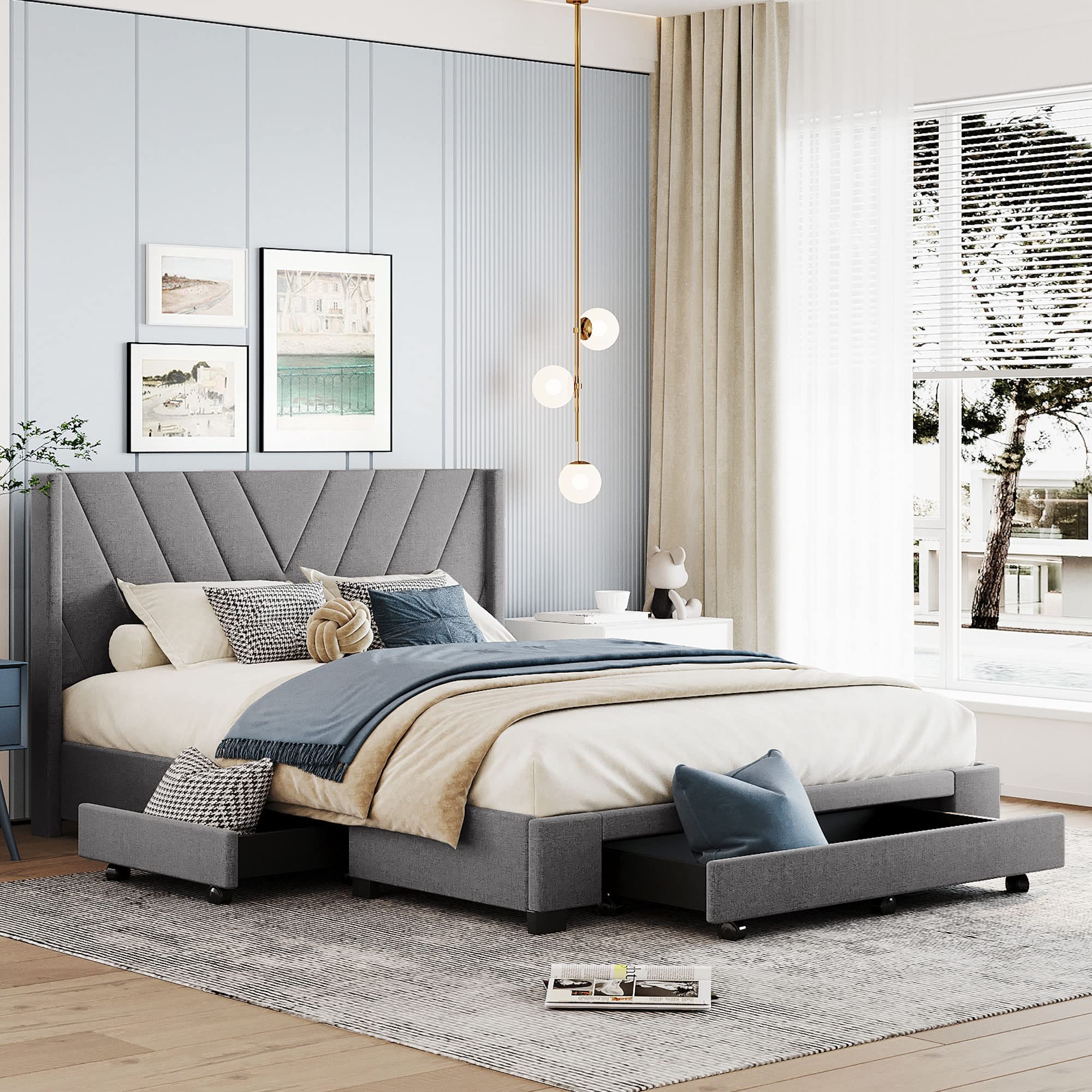 ,Linen Upholstered Platform Bedframe with 3 Drawers & Wing Shaped Headboard,Queen