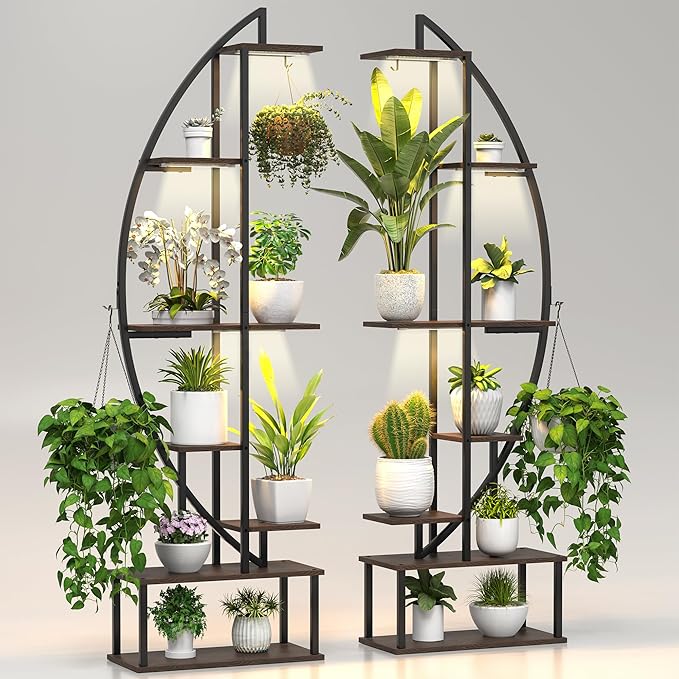 Plant Stand Shelf Indoor with 6 Grow Light, 7 Tier 65" Tall 2 Pack Half Moon Large Lighted Plant Rack Organizer