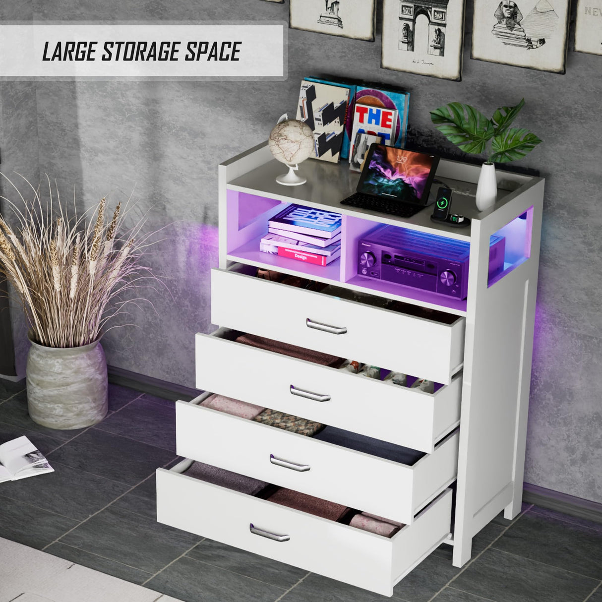 Whalefall Tall Dresser 4 Drawers, White LED Dresser for Bedroom, Modern Dresser Wooden Storage Chest of Drawers Closet Organizers with Power Outlets