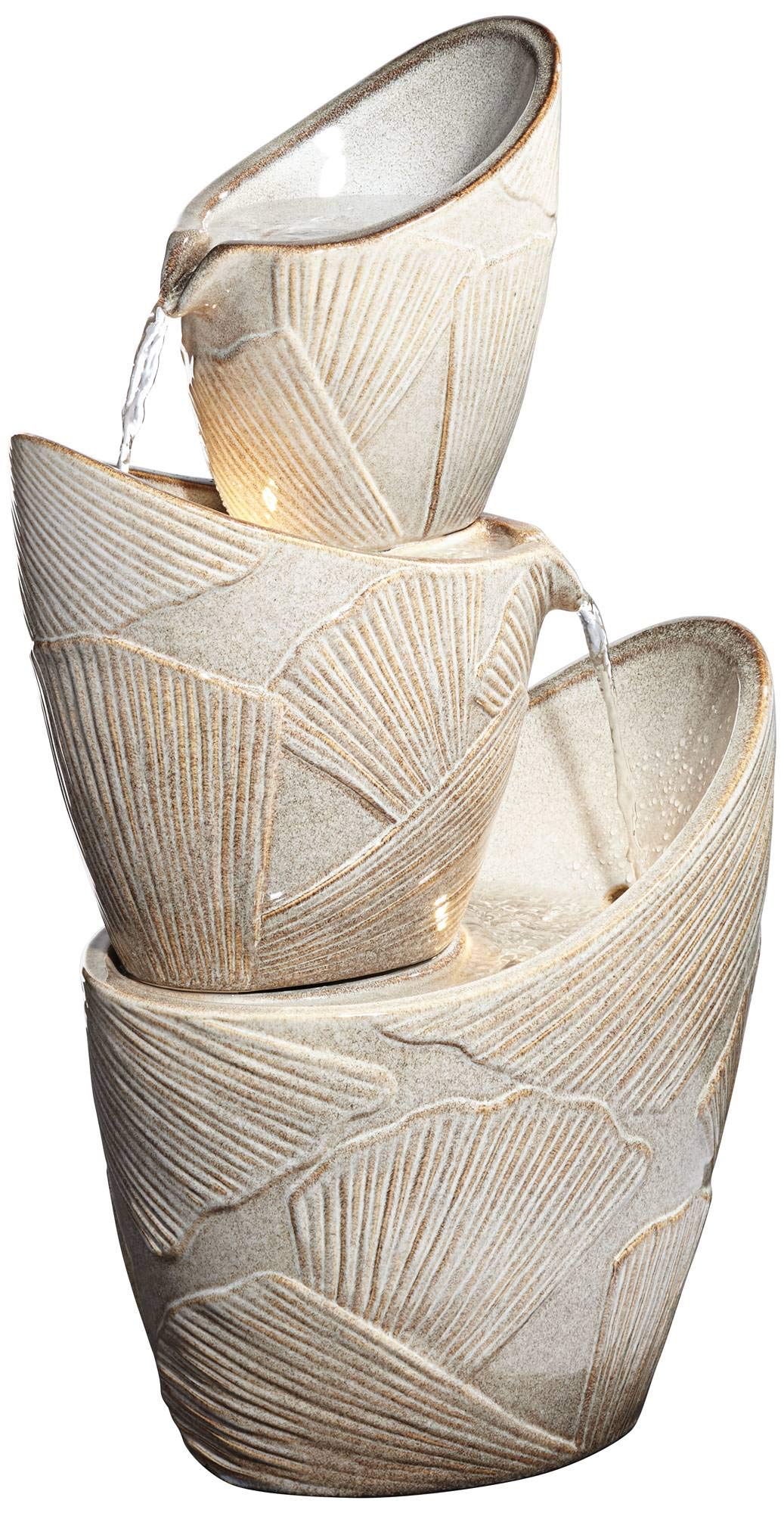 Three Urn with Leaves Asian Indoor Outdoor Floor Water Fountain with Light LED 30"