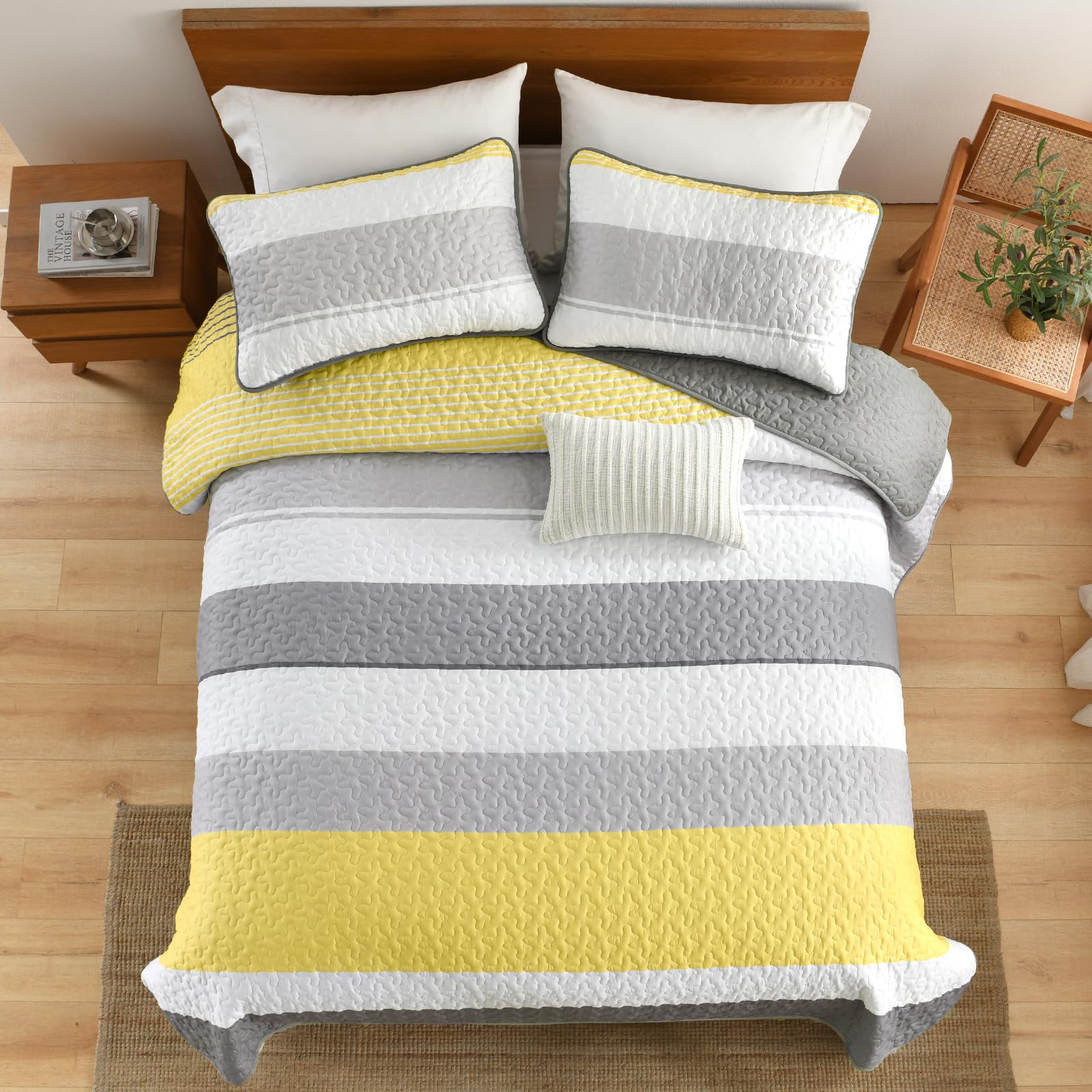 Striped King Size Quilt Set,Lightweight Grey Bedspreads Boho
