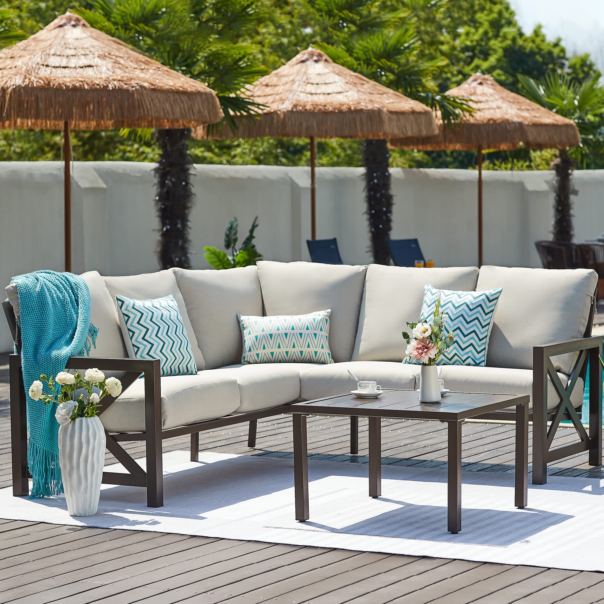 6 Pieces Patio Furniture Sets, Metal Outdoor Sectional Furniture L Shape Patio