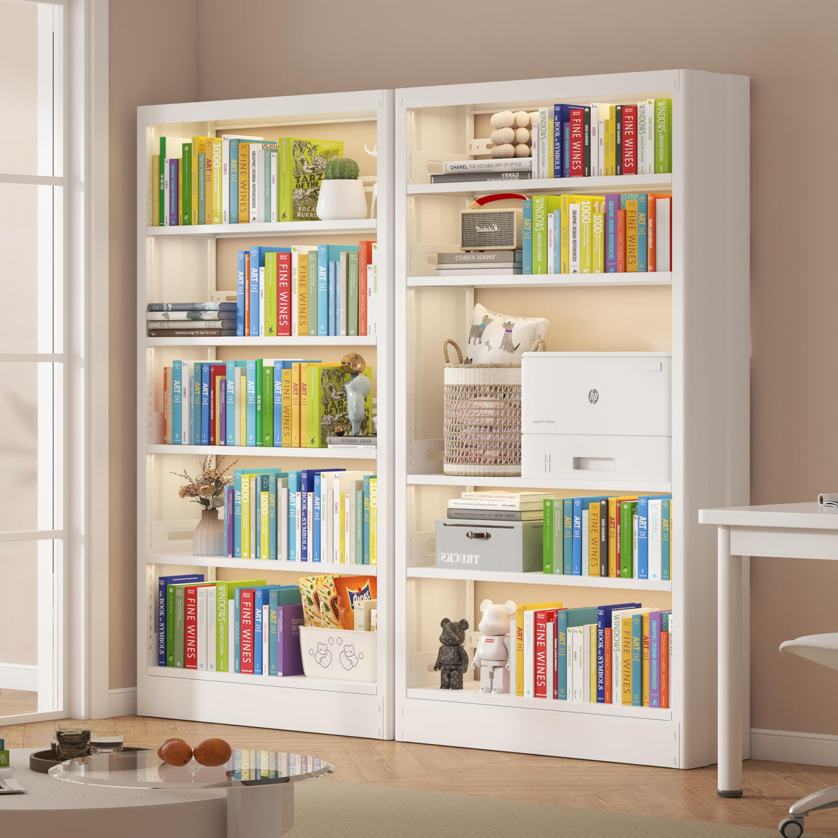 S71" Metal Bookshelf, 5 Tier White Bookshelf with Adjustable Storage Shelves