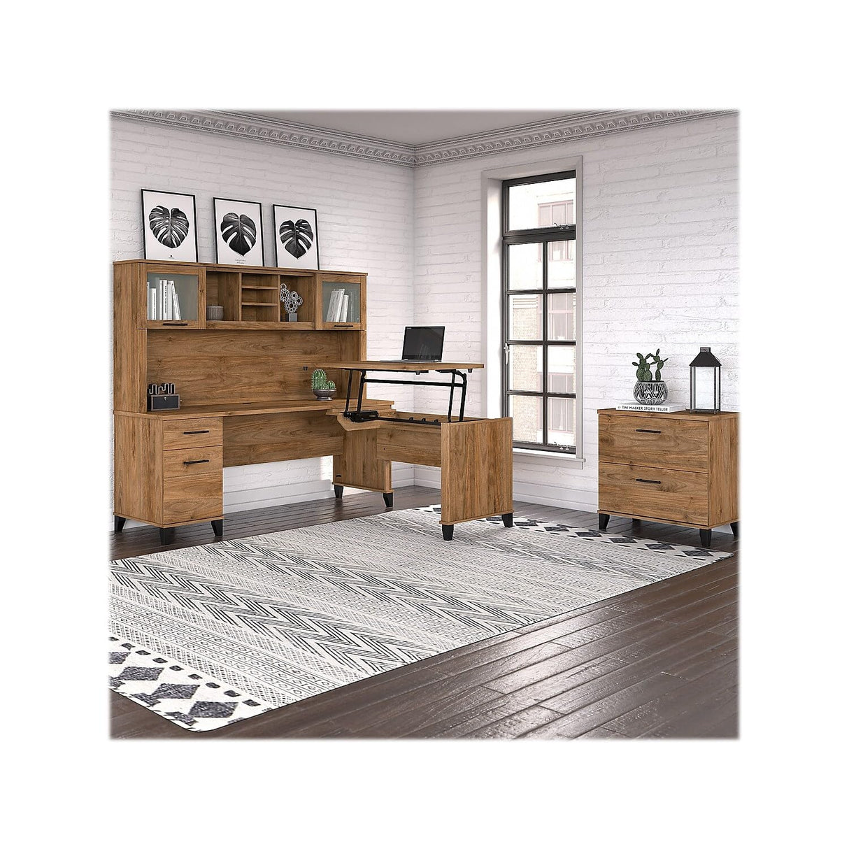 Somerset 3 Position Sit to Stand L Shaped Desk with Hutch and File Cabinet, 72W