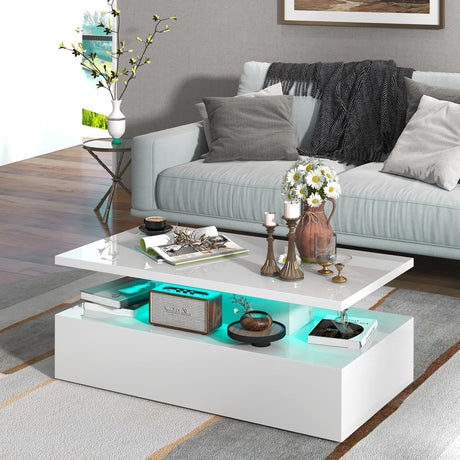 LED Coffee Table, Modern High Gloss Coffee Table w/ 20-Color LED Lights