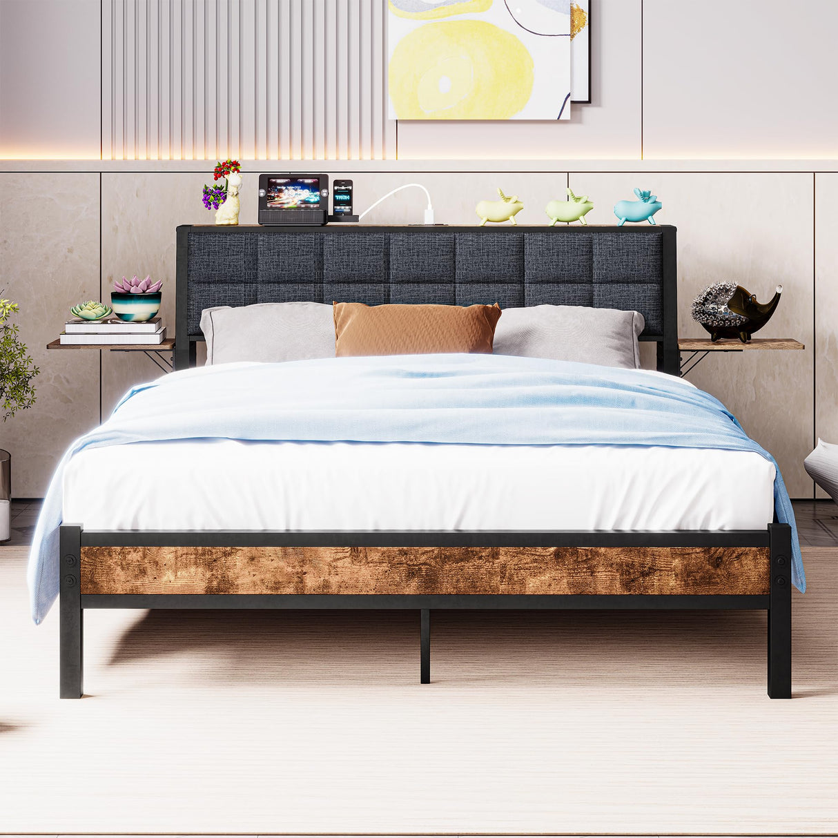 Ergonomic Upholstered Headboard and Charging Station, Platform Bed Frame with Storage