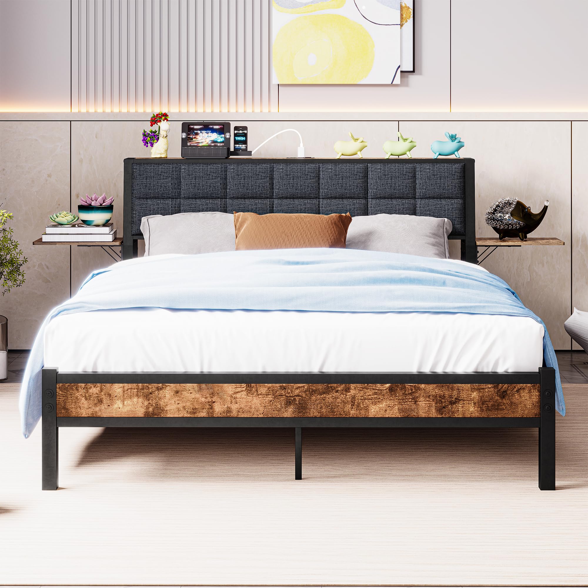 with Ergonomic Upholstered Headboard and Charging Station, Platform Bed Frame