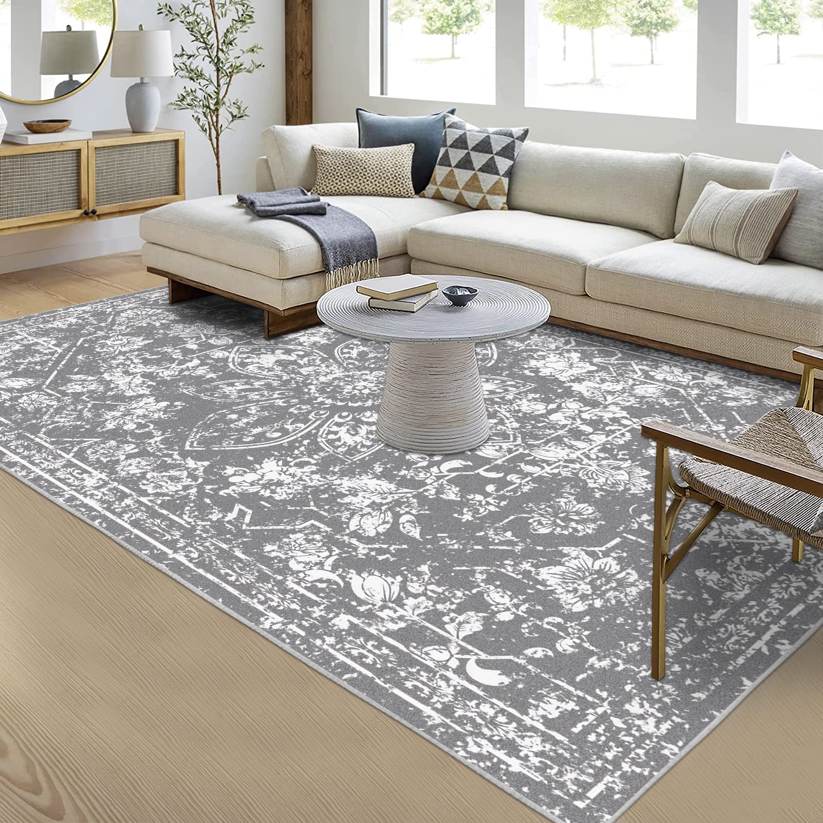 Pauwer Vintage Area Rug 4x6, Distressed Floral Faux Wool Throw Rug, Non Slip Boho Hallway Area Rug, Washable Low-Pile Carpet for Kitchen Living Room Bedroom,(4'x6', Grey)