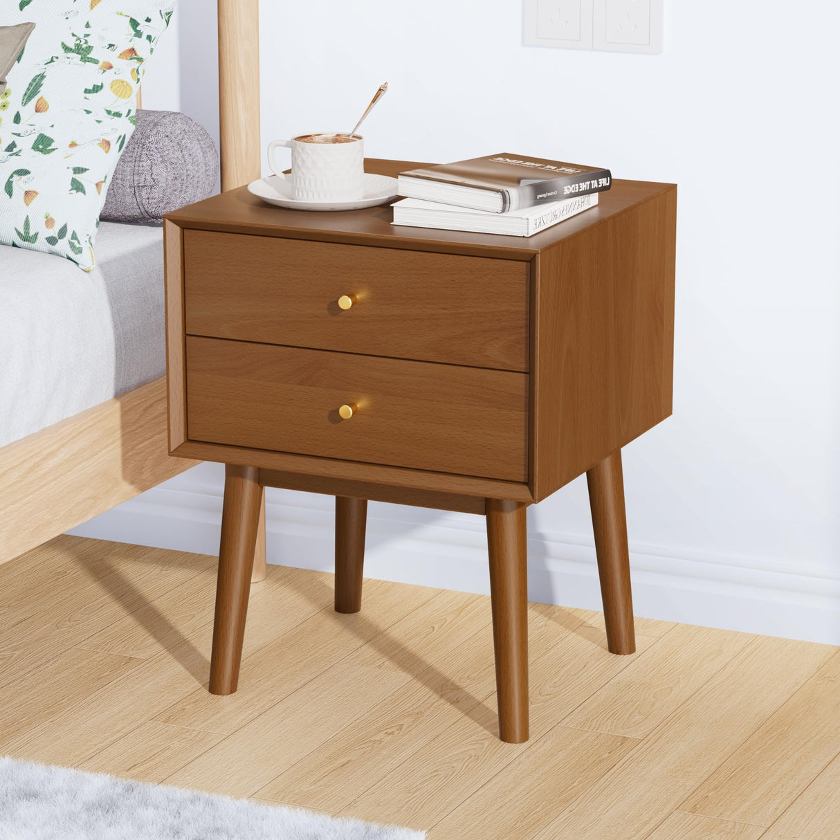 Solid Wood Nightstand with 2-Drawers, Mid-Century Modern Night Stand,Small Side End