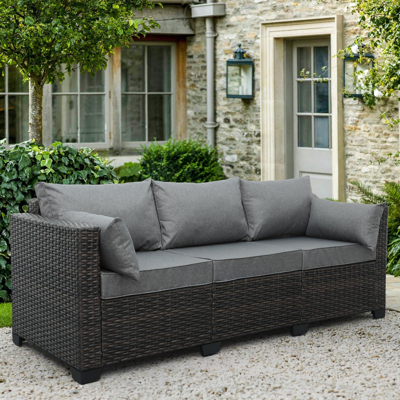 3-Seat Patio PE Wicker Couch Furniture Outdoor Brown Rattan Sofa