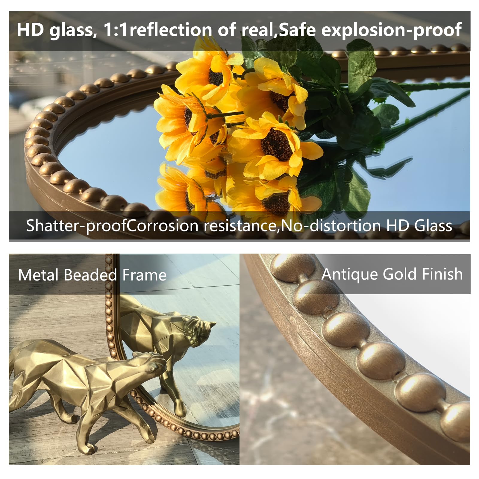 Antique Gold Oval Full Length Mirror - Baroque Beaded Wall Mirror 47"x16"