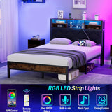 Full Size Metal Bed Frame with LED Lights, USB Charging & Storage