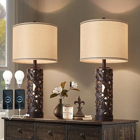 Set of 2 Table Lamps with Night Light, 28" Farmhouse Table Lamp