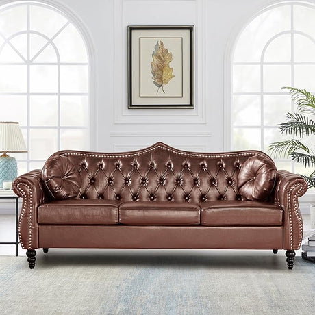 82" Three Seater Sofa, Chesterfield Sofa, Mid-Century Modern PU Upholstered Sofa,