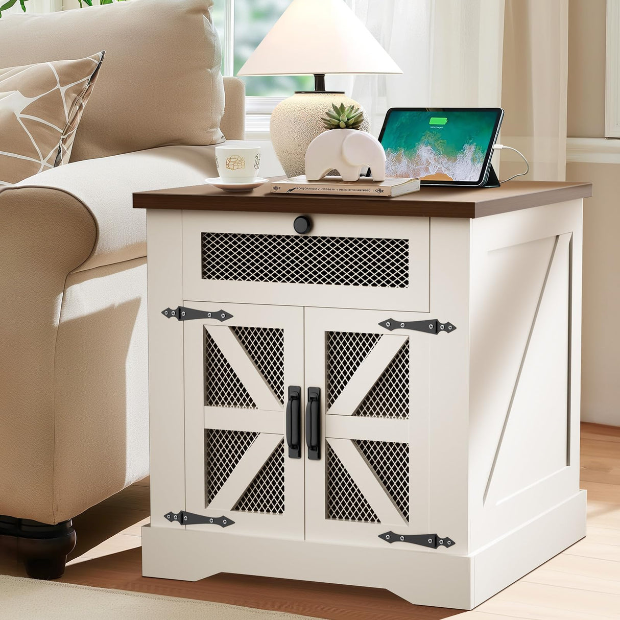 Farmhouse End Table with Drawer, 25'' Large Sofa Side Table with Charging Station