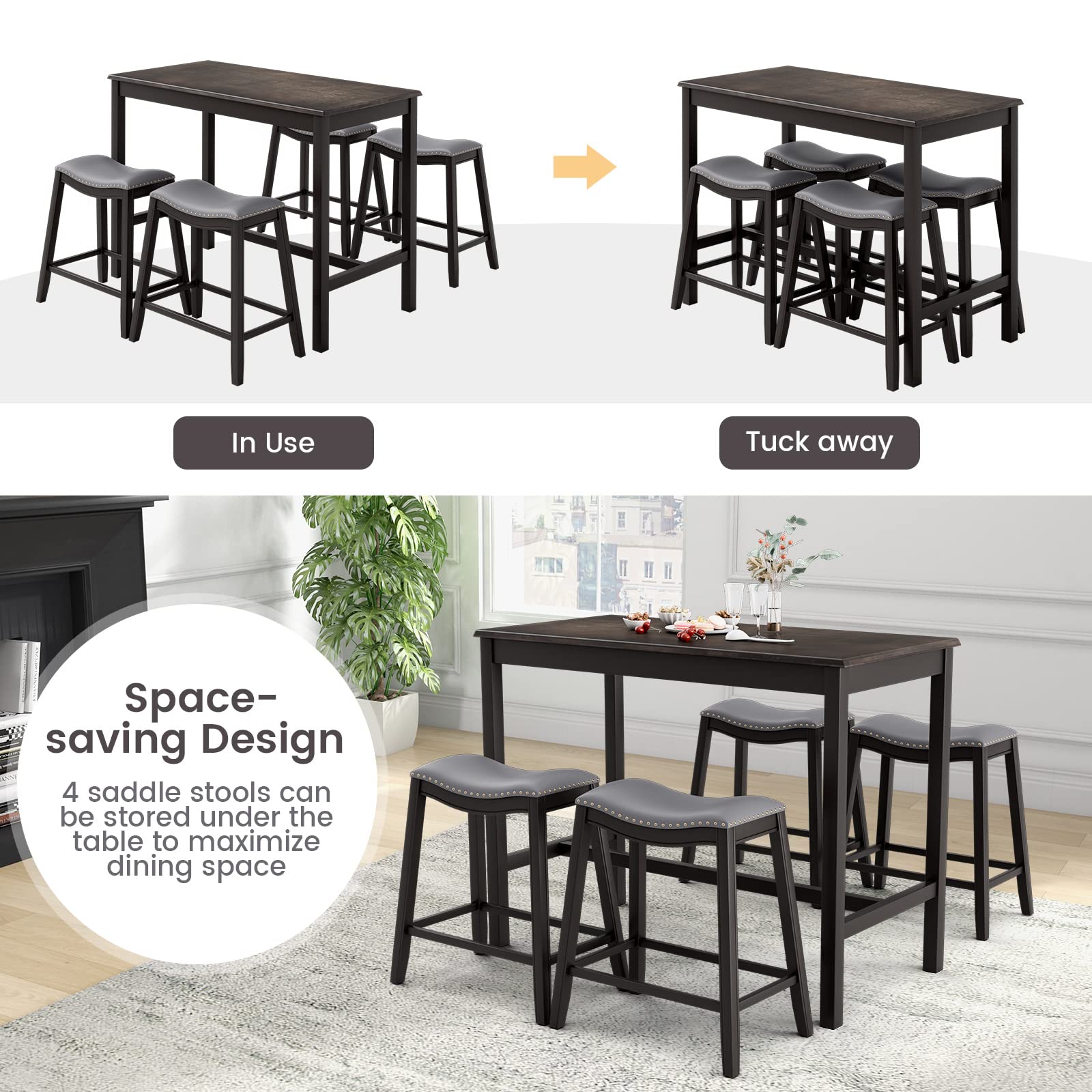5 Pieces Bar Table Set, Bistro Table Set for 4, Counter Height Pub Table