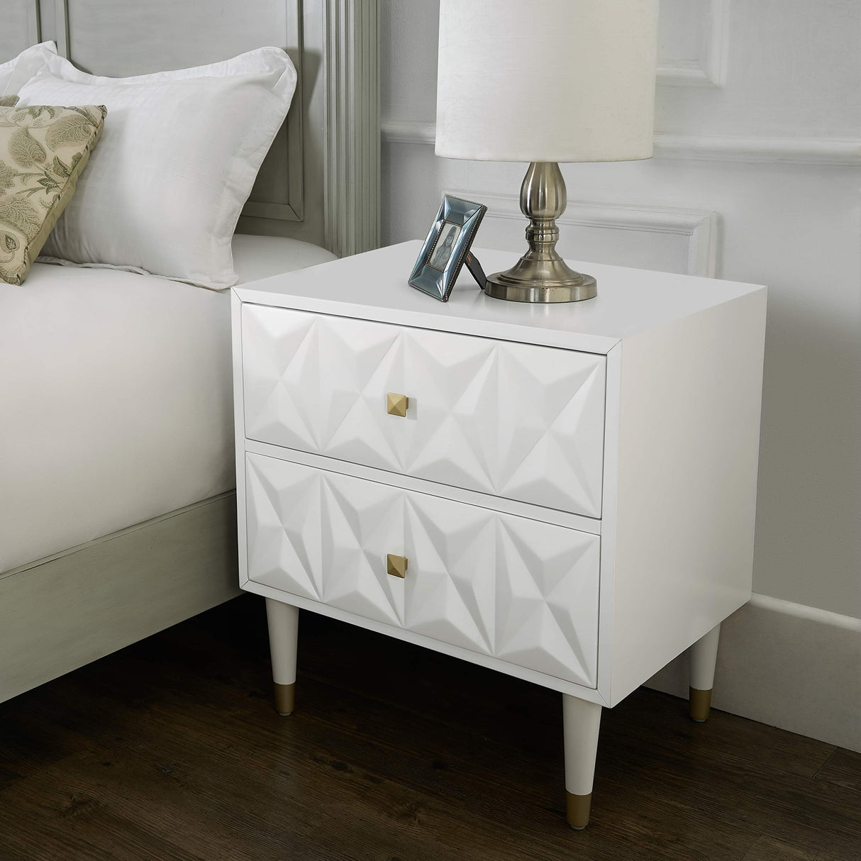 Sheerah Two Drawer Geo Texture White Nightstand