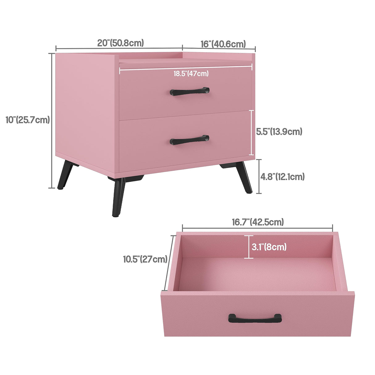 Pink Nightstand with 2 Drawers Besides Table for Bedroom Modern End Table