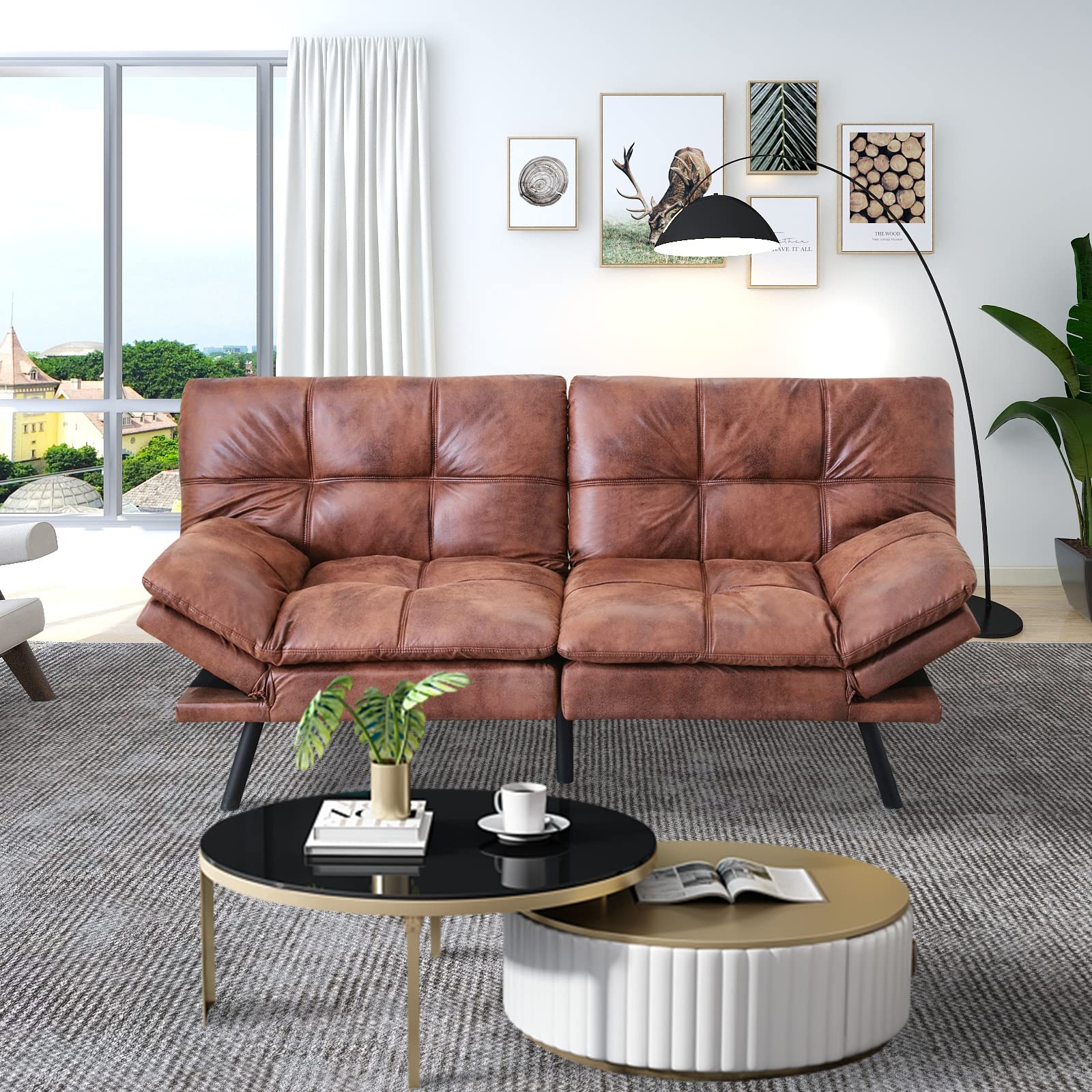 Futon Sofa Couch Bed,Convertible Adjustable Backrest Armrests Memory Foam Sofa