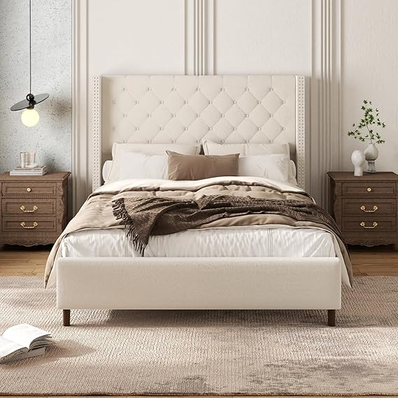 Queen Velvet Platform Bed with 58" Wingback Headboard