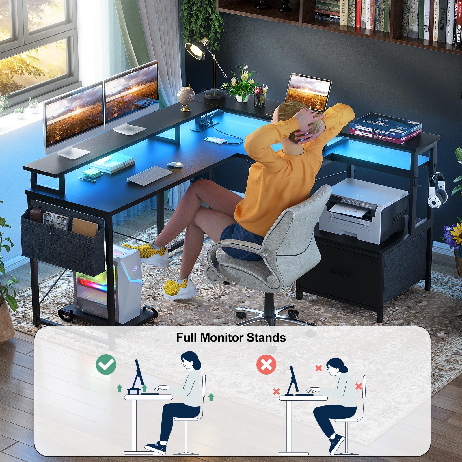 L Shaped Desk with Power Outlet and LED Strip, Reversible L Shaped Computer Desk
