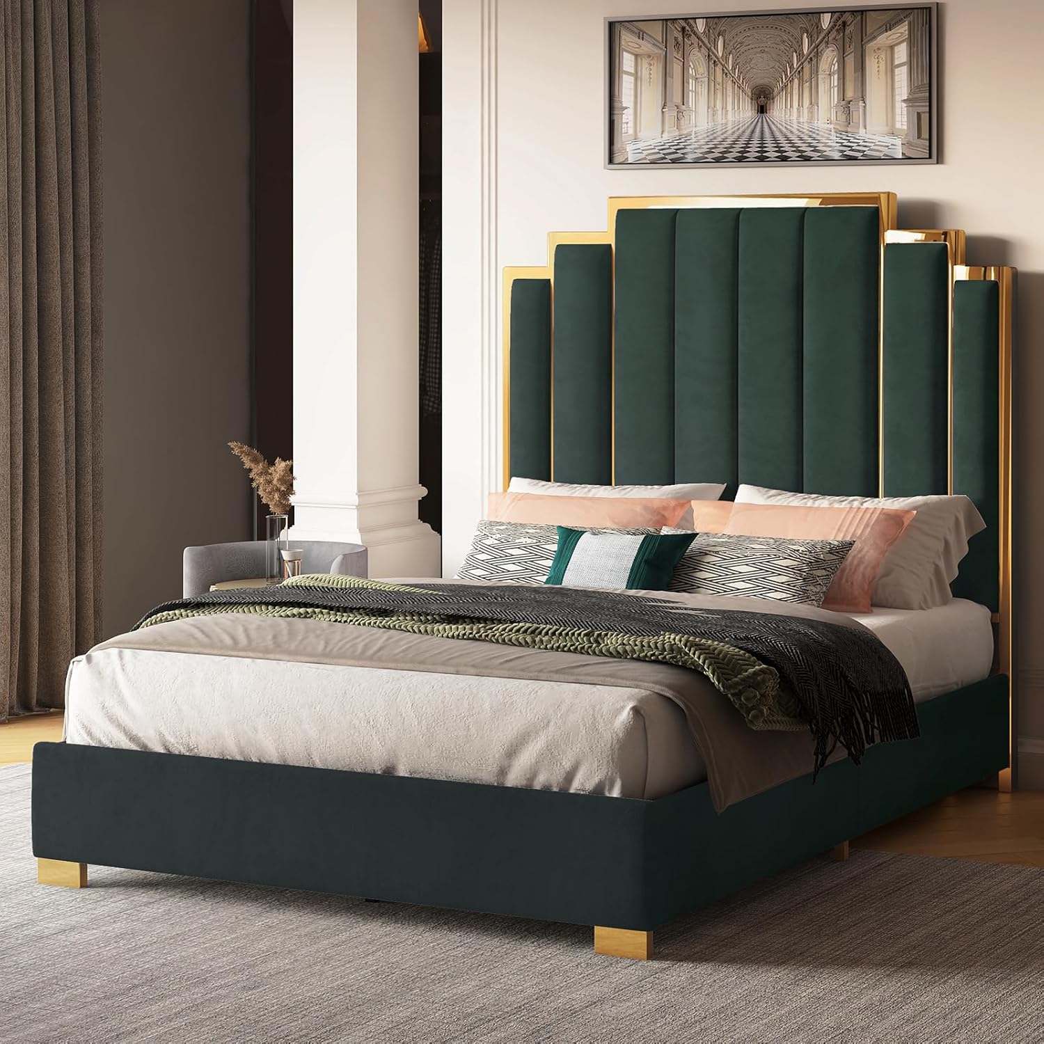 California King Platform Bed Frame - 65" Velvet Upholstered with Gold Trim