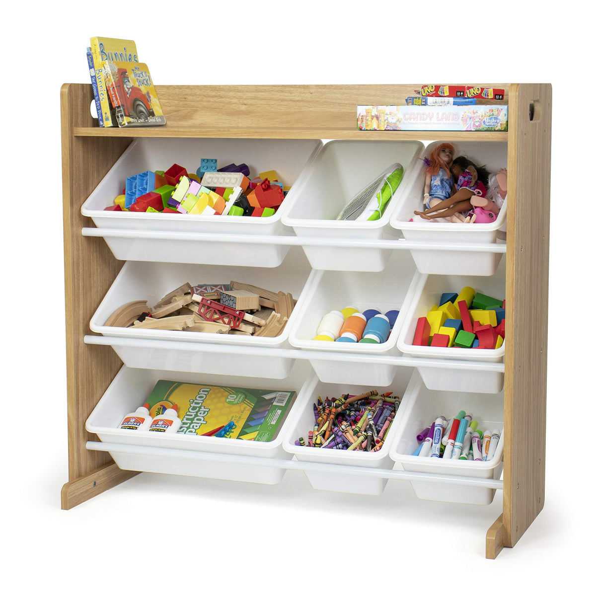 Natural Wood/White Toy Organizer with Shelf and 9 Storage Bins