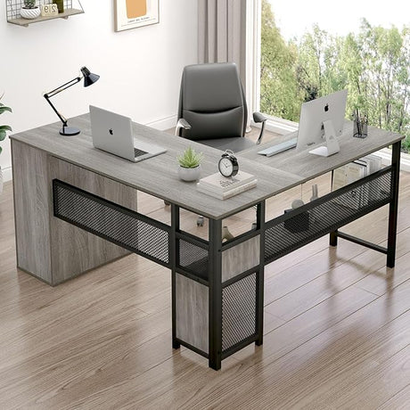 L Shaped Desk with Storage Cabinets, Reversible Home Office Corner Desk