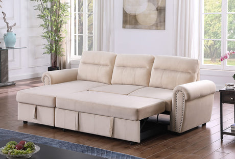 Ashton Beige Velvet Fabric Reversible Sleeper Sectional Sofa Chaise