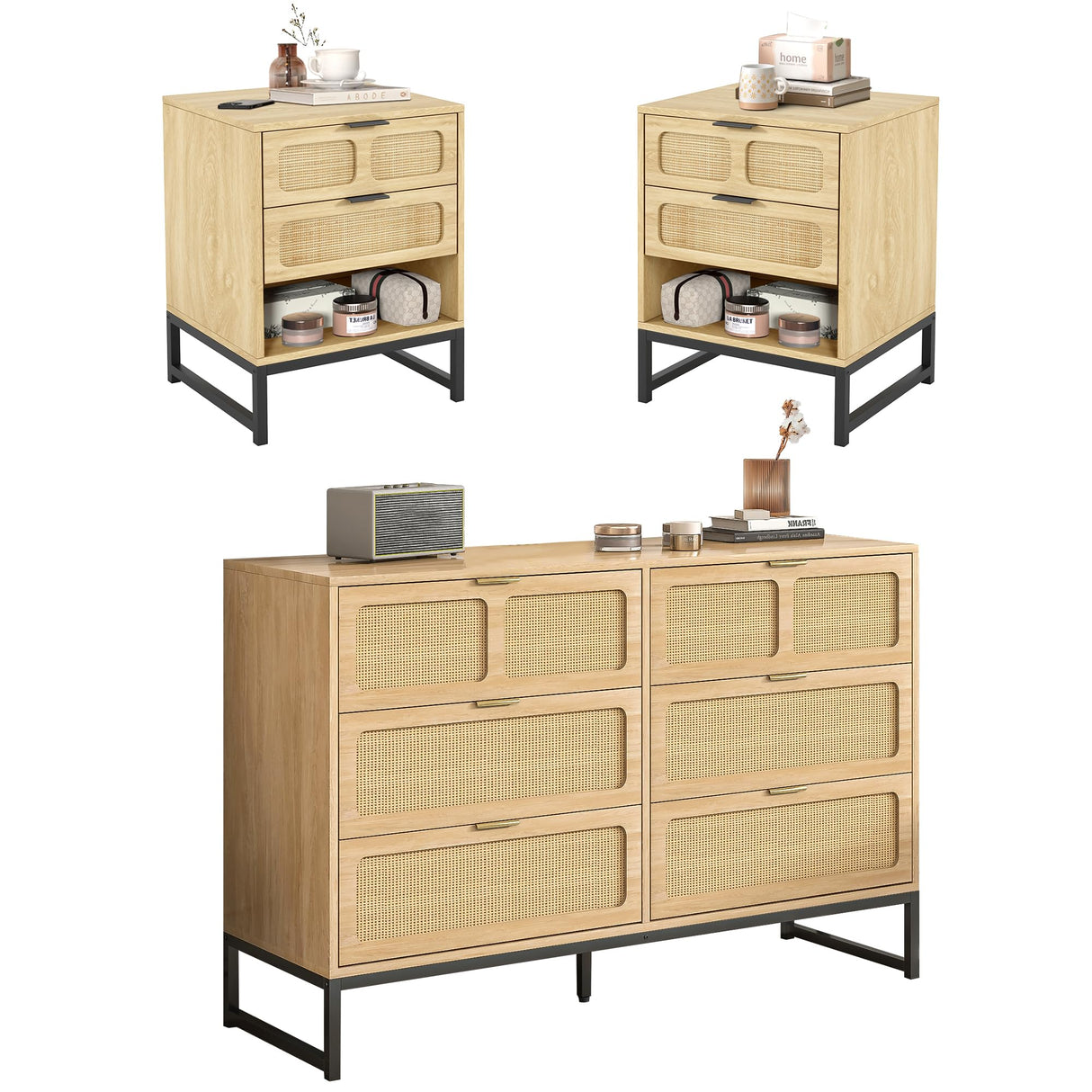 3 Piece Bedroom Set with 6 Drawer Dresser and Nightstand Sets Boho Bedroom Combo Furniture Matching Dresser and Nightstand Set of 2 Storage Cabinet Set for Bedroom