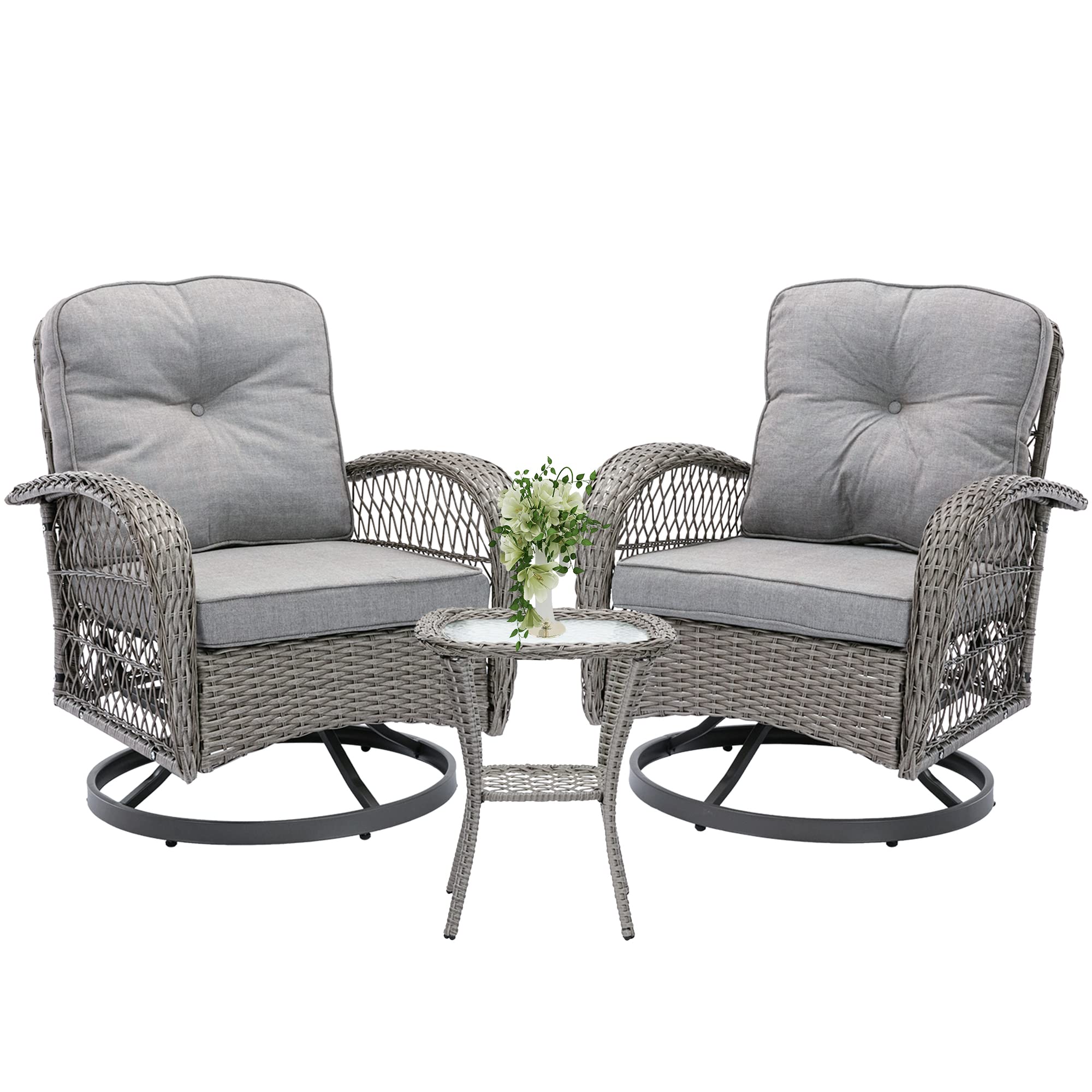 Swivel Patio Chairs, Outdoor Rocker Table and Chairs 3 Piece Bistro Set 360° Rattan Wicker