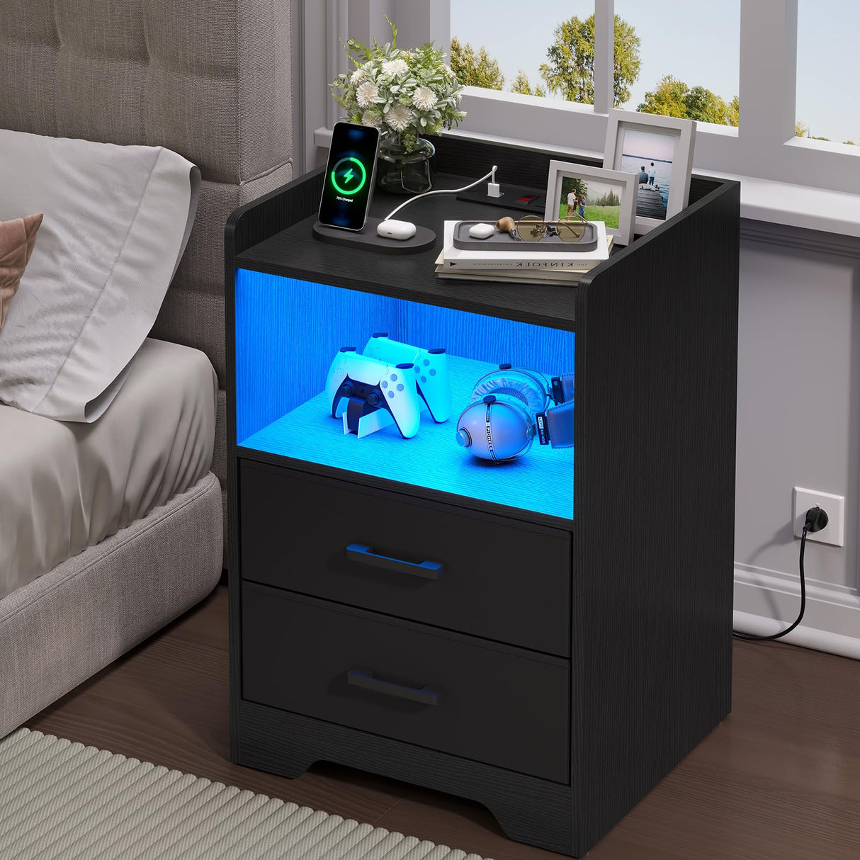 Nightstands Set of 2 with Charging Station and LED Lights, Modern Bedside Table