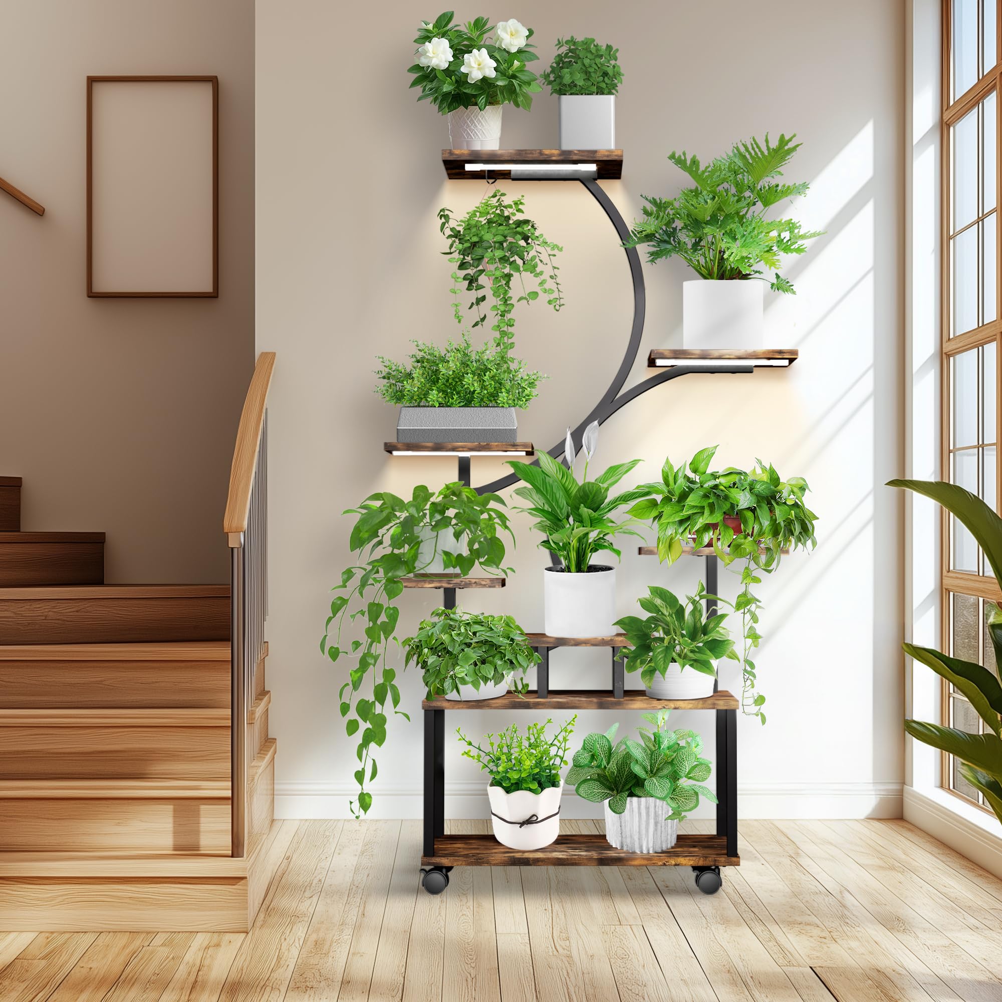 VerdantGlow 8-Tier Indoor Plant Stand with LED Grow Lights & Wheels