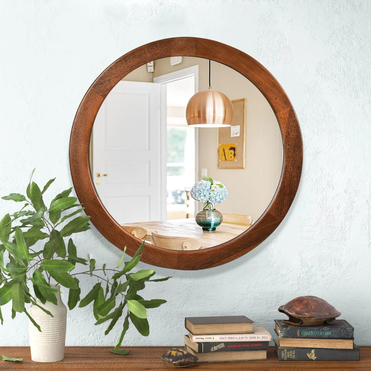 Round Mirrors 30 Inch,Wood Vanity Wall Rustic Mirror with Walnut Frame, Wooden Mirror