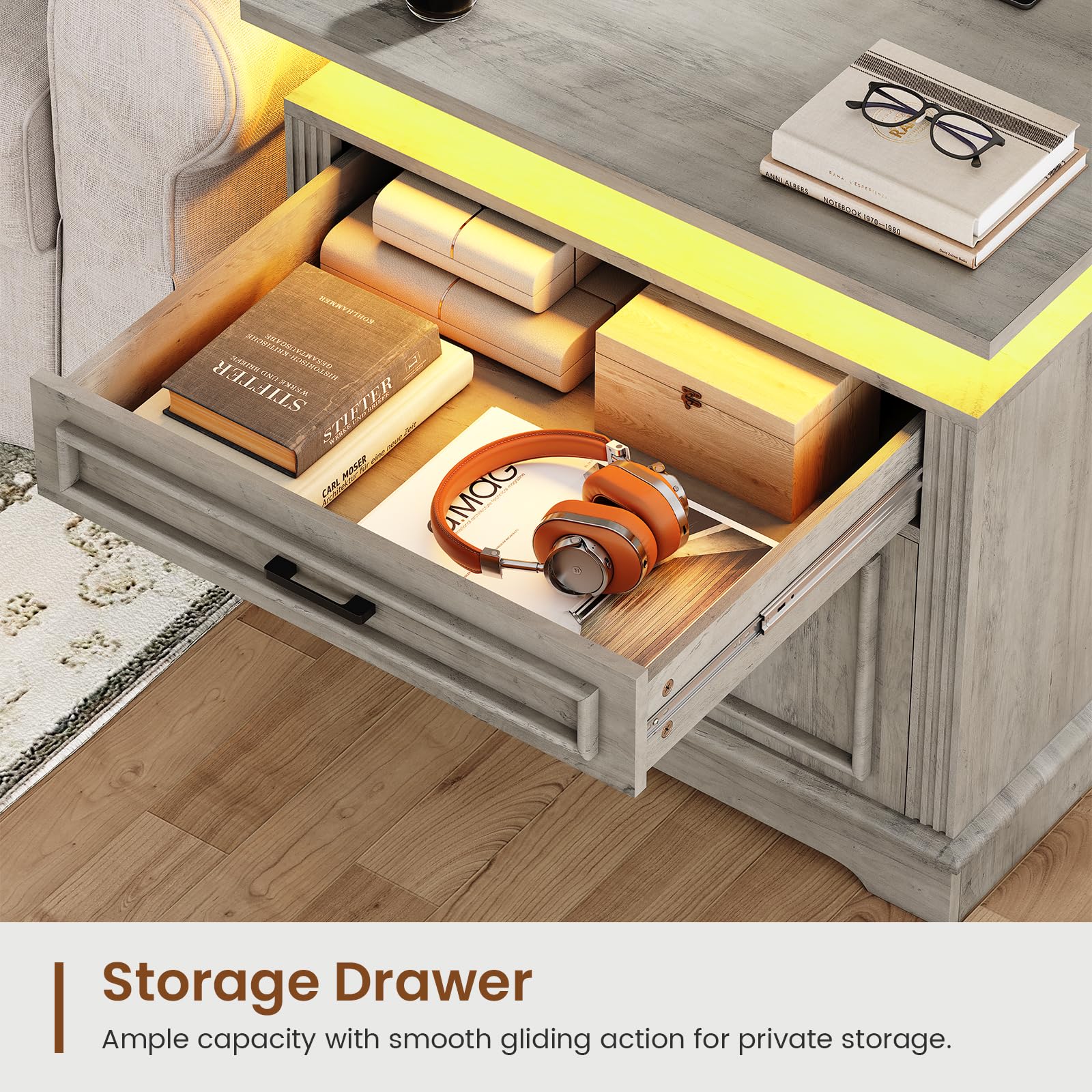 Farmhouse End Table with Charging Station, 24" Large Side Table