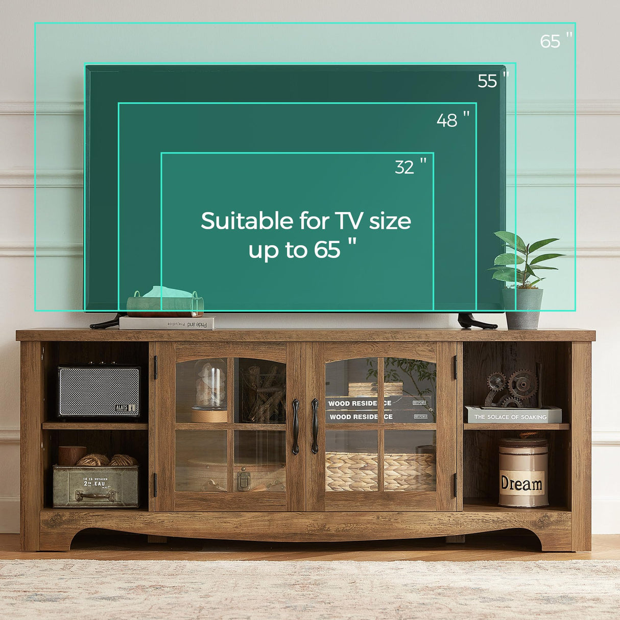 Farmhouse TV Stand for 65 Inch TV, Wood Entertainment Center with Glass Door Storage