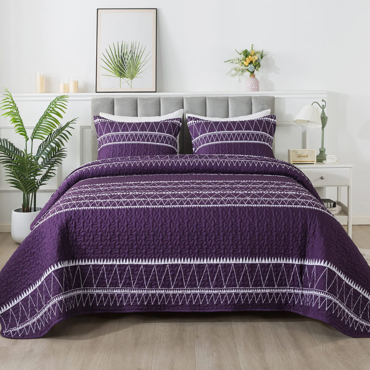 Purple Quilt Set King (106x96 Inch), 3 Pieces(1 Striped Triangle Printed Quilt