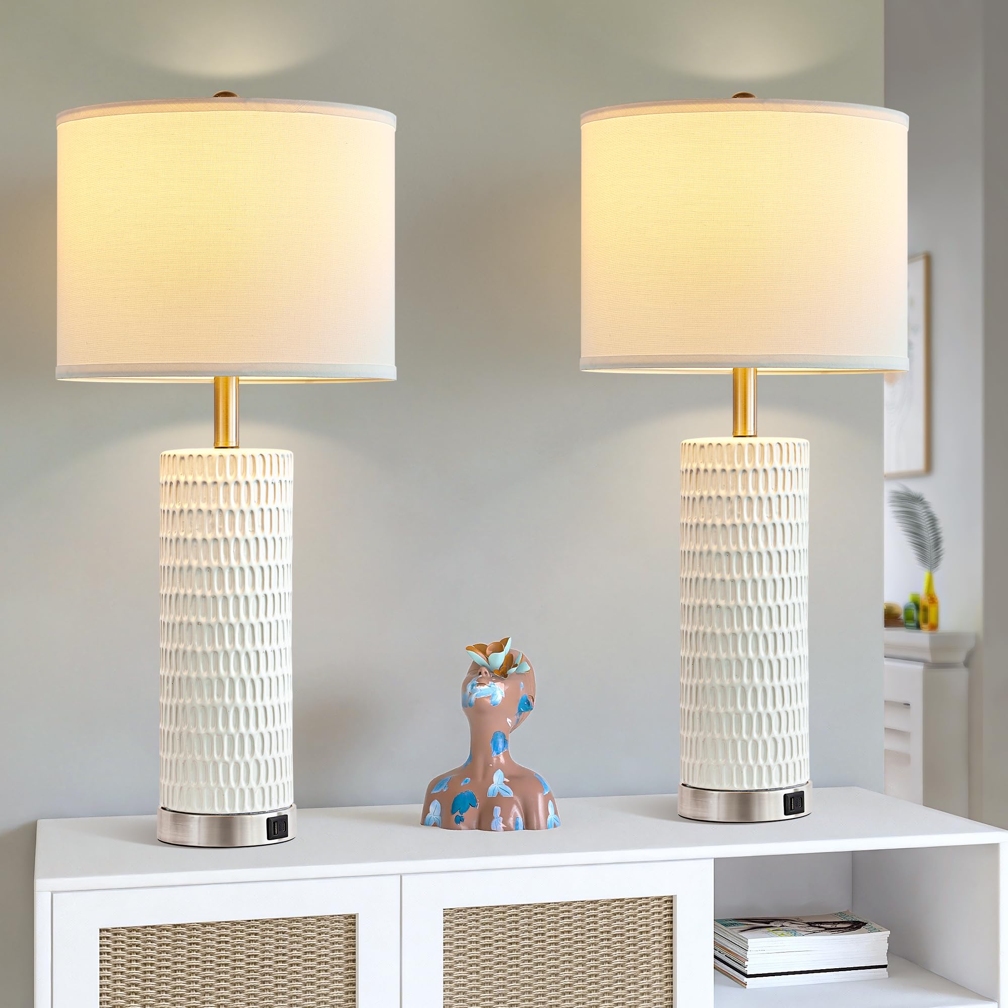 White Ceramic Table Lamps Set of 2 with USB Charging Ports